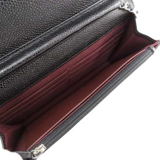 CHANEL Long Wallet Purse Caviar skin black Chain Wallet Matelasse SilverMetal Women Used Authentic