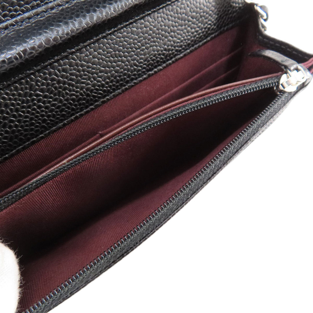 CHANEL Long Wallet Purse Caviar skin black Chain Wallet Matelasse SilverMetal Women Used Authentic