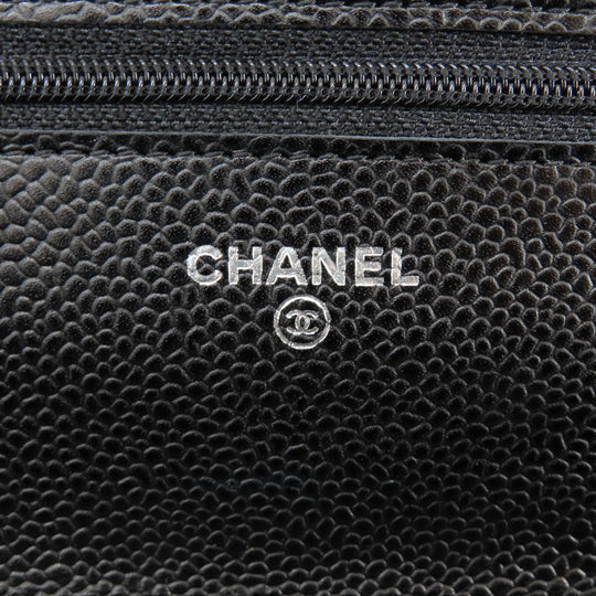 CHANEL Long Wallet Purse Caviar skin black Chain Wallet Matelasse SilverMetal Women Used Authentic