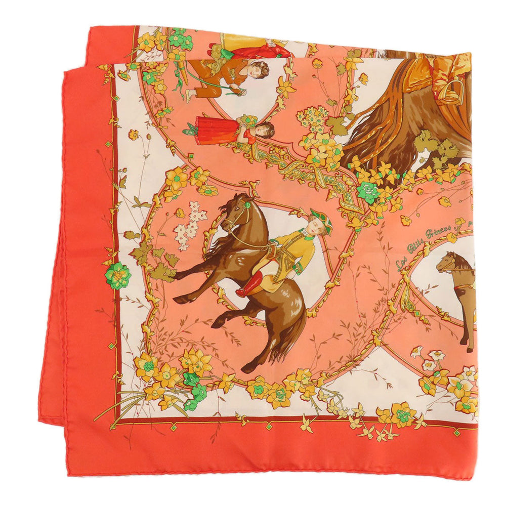 HERMES scarf silk Orange Carre90 LES PETITS PRINCES The Little Princes Women Used Authentic