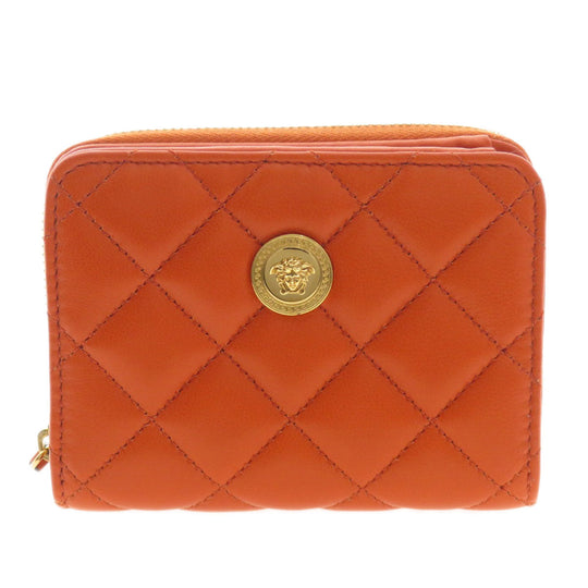 VERSACE Bifold Wallet Calfskin Orange logoMetal Women Used Authentic