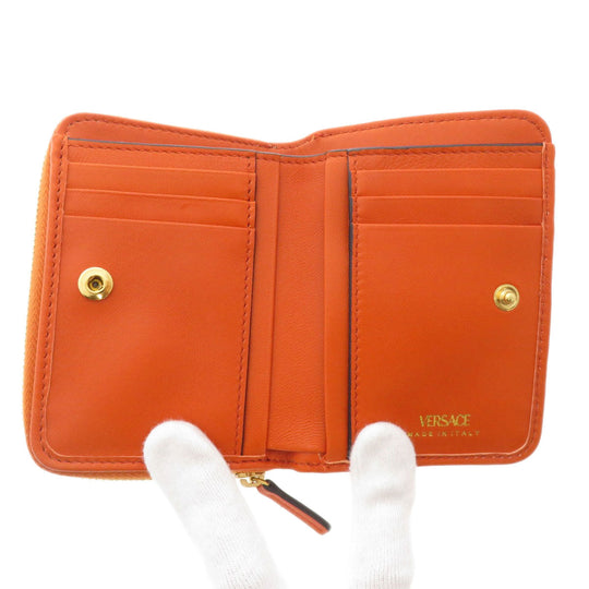 VERSACE Bifold Wallet Calfskin Orange logoMetal Women Used Authentic