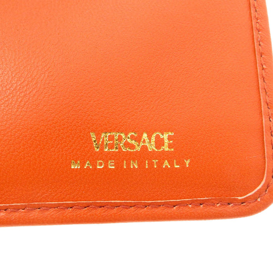 VERSACE Bifold Wallet Calfskin Orange logoMetal Women Used Authentic