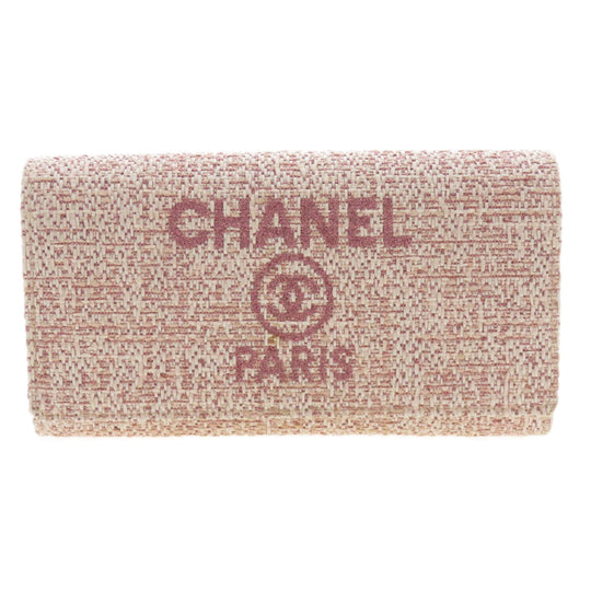 CHANEL Long Wallet Purse Leather, Tweed pink COCO Mark Women Used Authentic