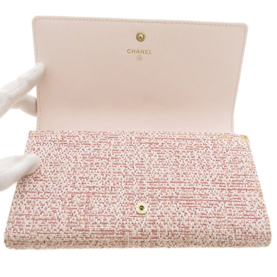 CHANEL Long Wallet Purse Leather, Tweed pink COCO Mark Women Used Authentic