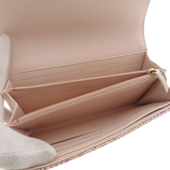 CHANEL Long Wallet Purse Leather, Tweed pink COCO Mark Women Used Authentic