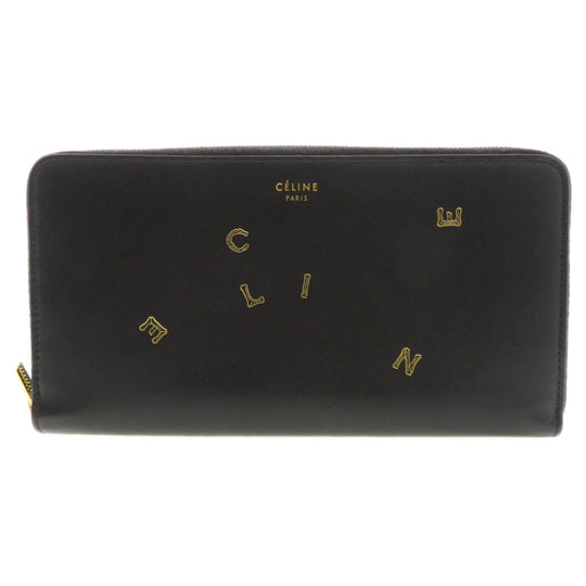 CELINE Long Wallet Purse Calfskin black Logo motif Women Used Authentic