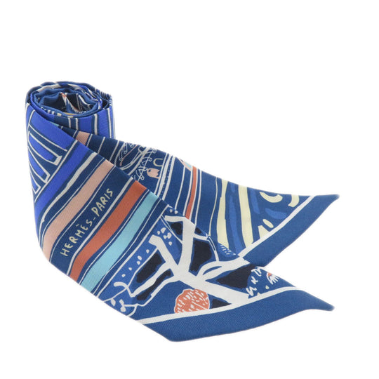 HERMES scarf silk blue Twilly Women Used Authentic