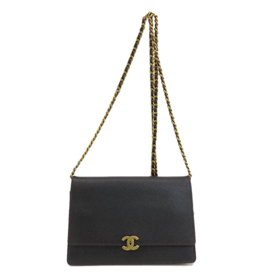 CHANEL Long Wallet Purse Grained Calfskin Skin black Chain Wallet COCO Mark Gold Metal