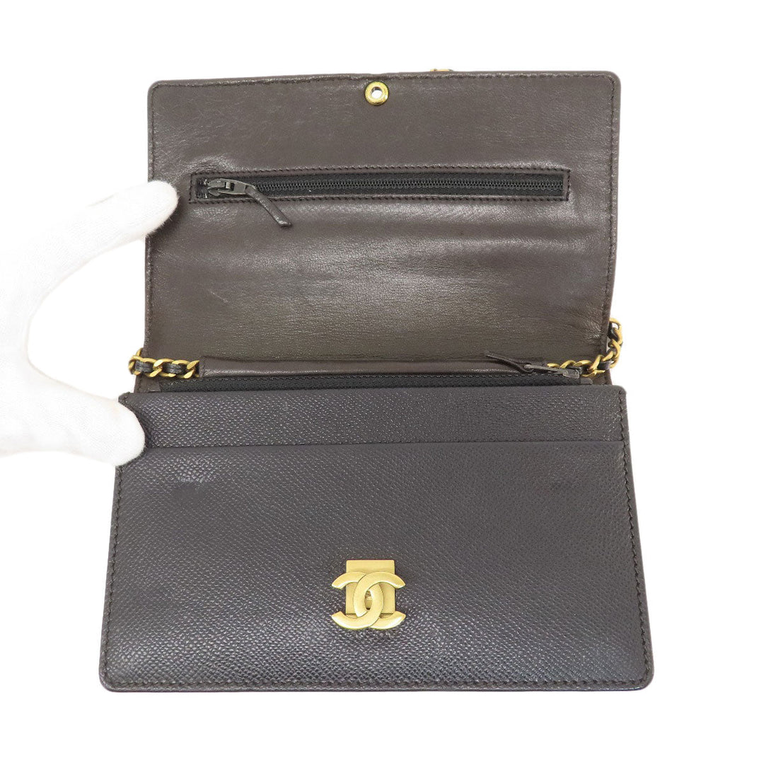 CHANEL Long Wallet Purse Grained Calfskin Skin black Chain Wallet COCO Mark Gold Metal