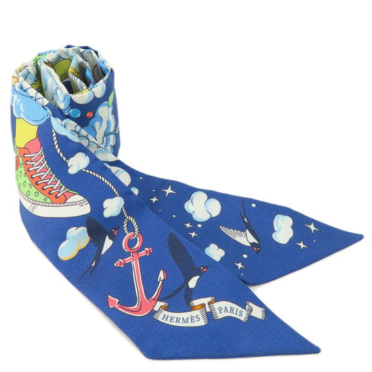 HERMES scarf silk blue Twilly Women Used Authentic