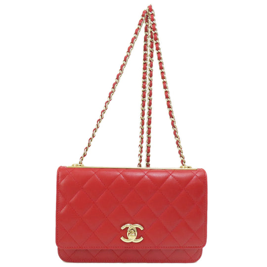 CHANEL Long Wallet Purse lambskin Red Chain Wallet Matelasse Gold Metal Women Used Authentic