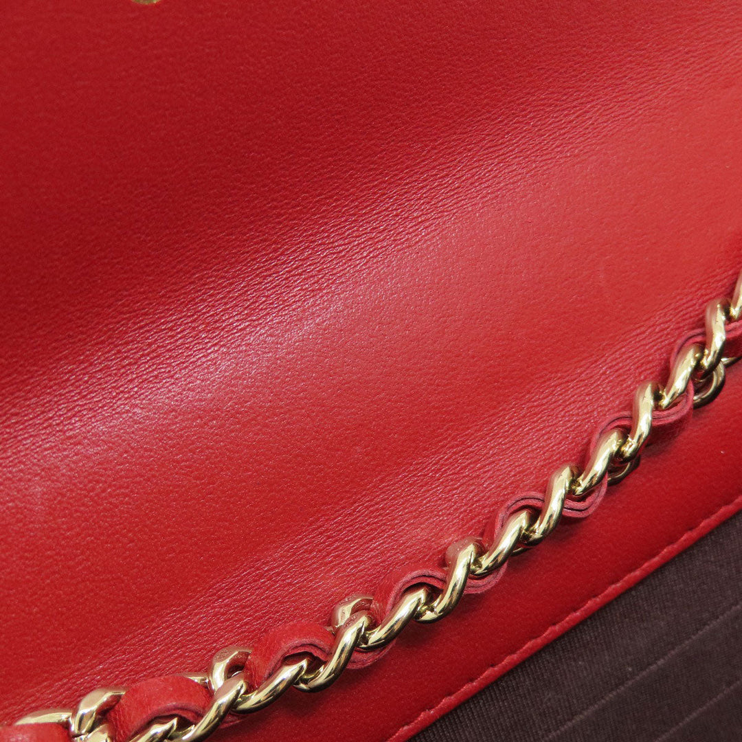 CHANEL Long Wallet Purse lambskin Red Chain Wallet Matelasse Gold Metal Women Used Authentic