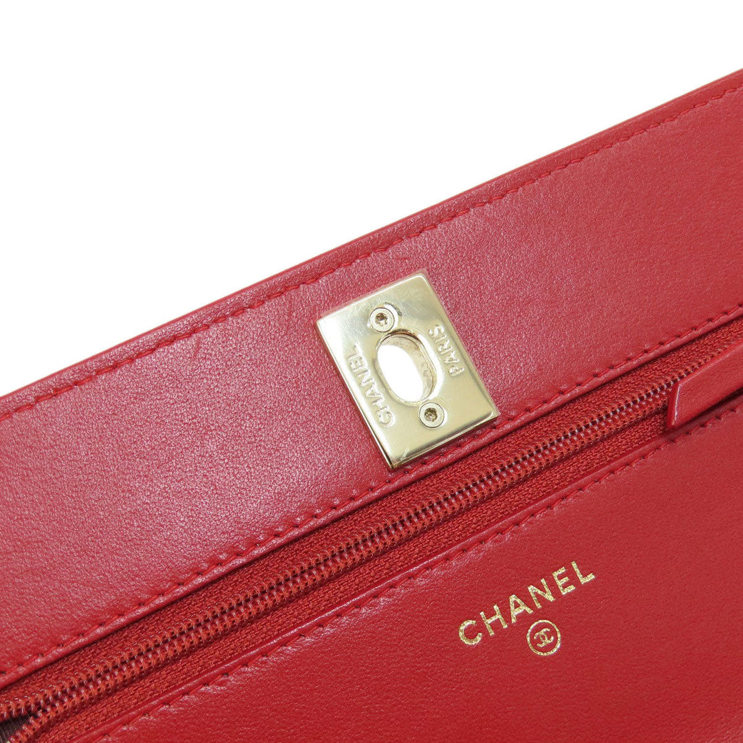 CHANEL Long Wallet Purse lambskin Red Chain Wallet Matelasse Gold Metal Women Used Authentic