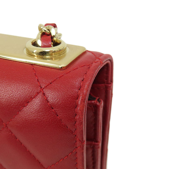 CHANEL Long Wallet Purse lambskin Red Chain Wallet Matelasse Gold Metal Women Used Authentic
