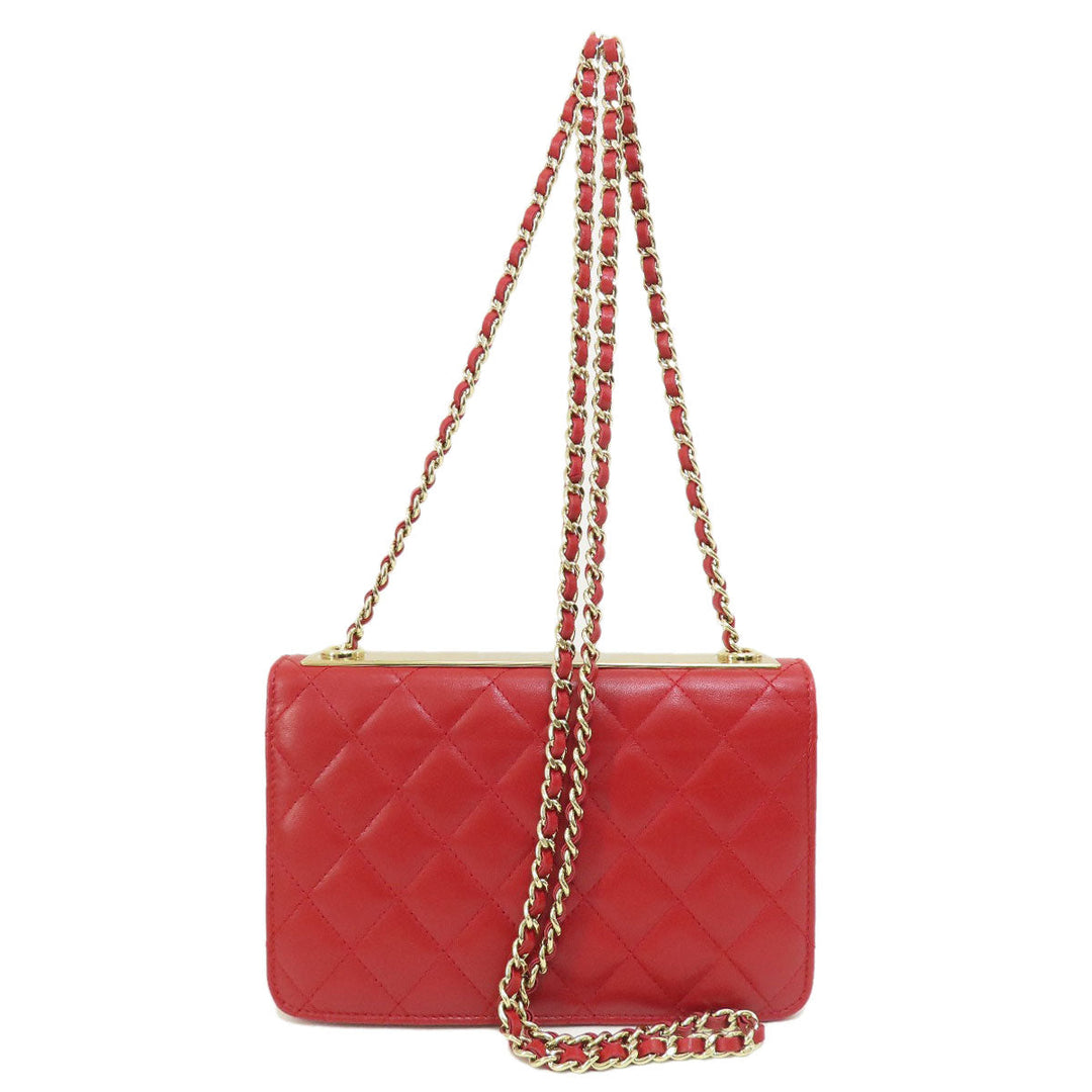 CHANEL Long Wallet Purse lambskin Red Chain Wallet Matelasse Gold Metal Women Used Authentic