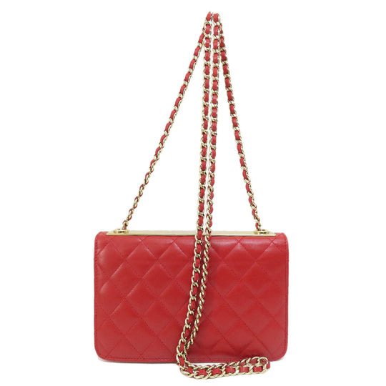 CHANEL Long Wallet Purse lambskin Red Chain Wallet Matelasse Gold Metal Women Used Authentic
