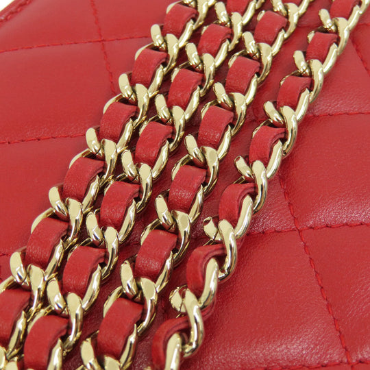 CHANEL Long Wallet Purse lambskin Red Chain Wallet Matelasse Gold Metal Women Used Authentic