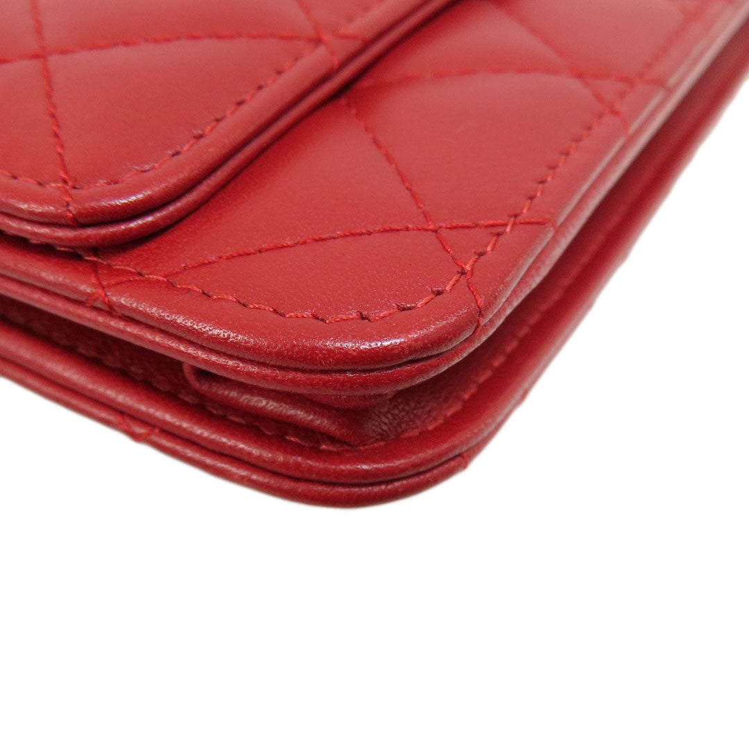 CHANEL Long Wallet Purse lambskin Red Chain Wallet Matelasse Gold Metal Women Used Authentic