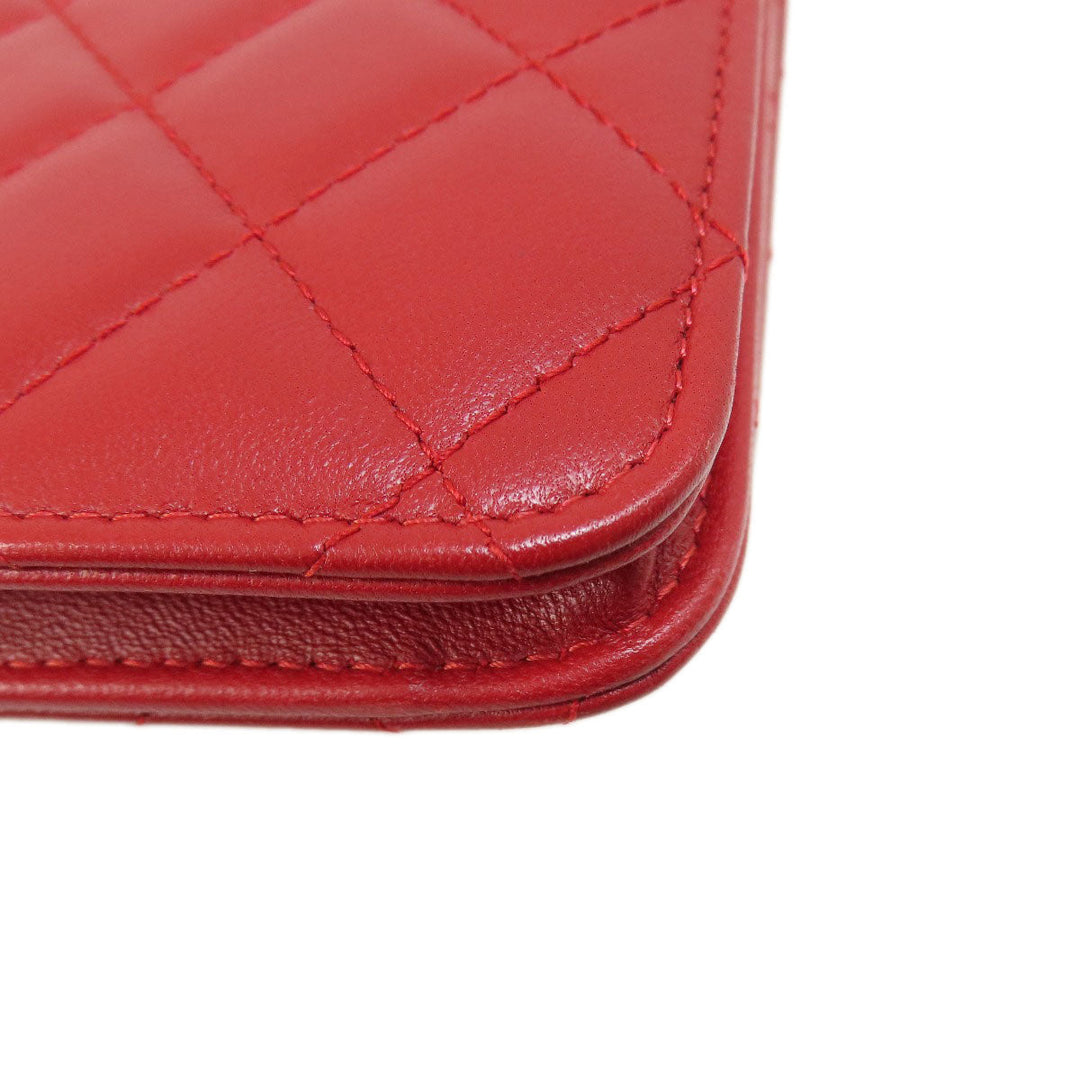CHANEL Long Wallet Purse lambskin Red Chain Wallet Matelasse Gold Metal Women Used Authentic