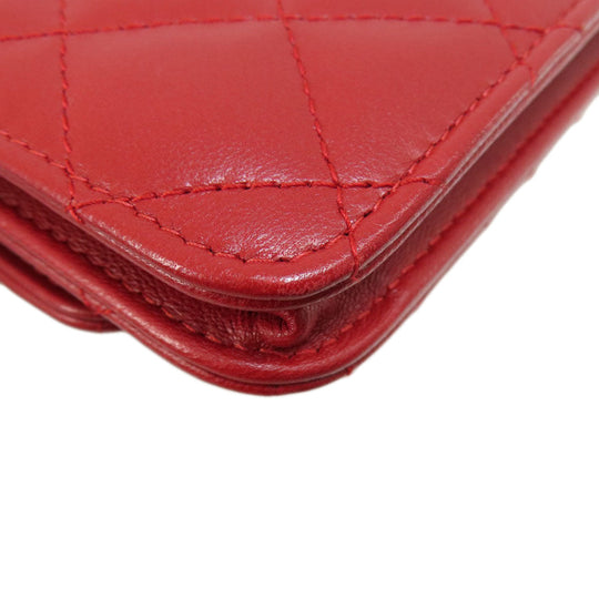 CHANEL Long Wallet Purse lambskin Red Chain Wallet Matelasse Gold Metal Women Used Authentic