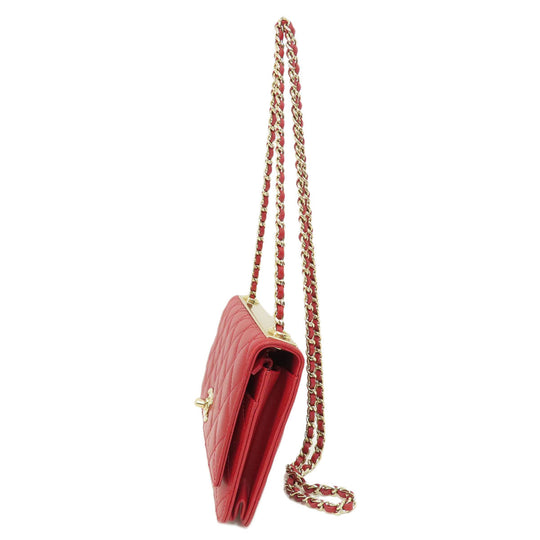 CHANEL Long Wallet Purse lambskin Red Chain Wallet Matelasse Gold Metal Women Used Authentic