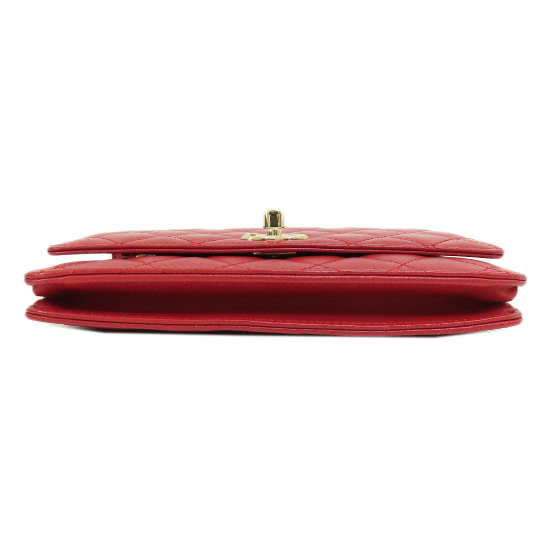 CHANEL Long Wallet Purse lambskin Red Chain Wallet Matelasse Gold Metal Women Used Authentic