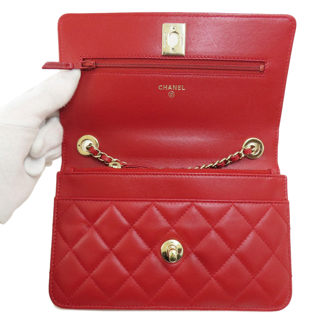CHANEL Long Wallet Purse lambskin Red Chain Wallet Matelasse Gold Metal Women Used Authentic