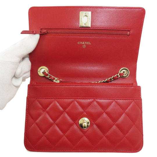 CHANEL Long Wallet Purse lambskin Red Chain Wallet Matelasse Gold Metal Women Used Authentic