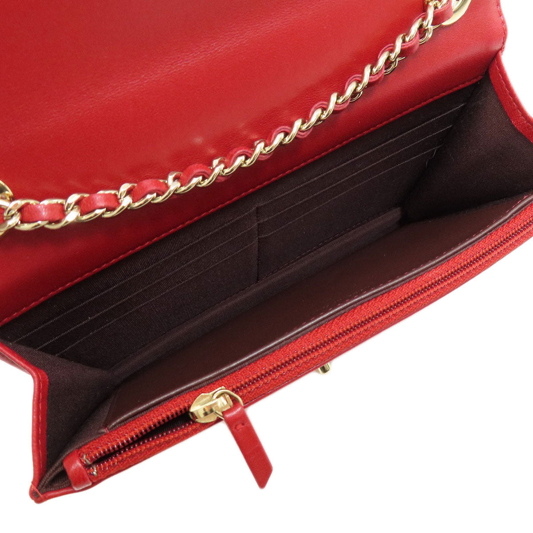 CHANEL Long Wallet Purse lambskin Red Chain Wallet Matelasse Gold Metal Women Used Authentic