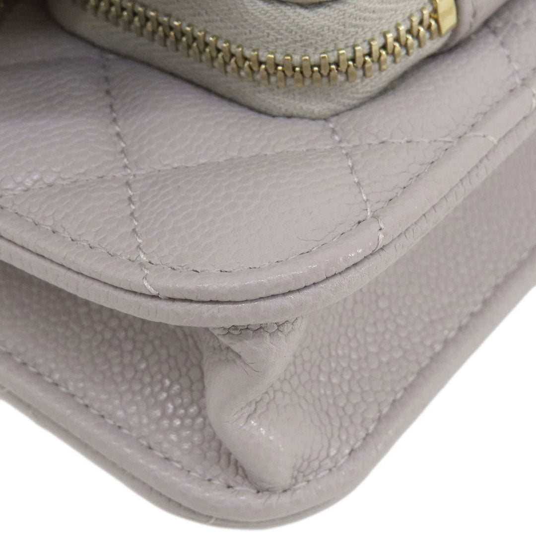 CHANEL Long Wallet Purse Caviar skin gray Chain Wallet Matelasse Gold Metal Women Used Authentic