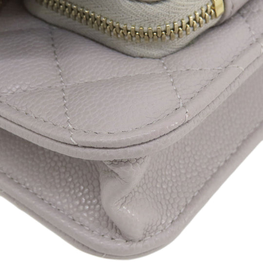 CHANEL Long Wallet Purse Caviar skin gray Chain Wallet Matelasse Gold Metal Women Used Authentic