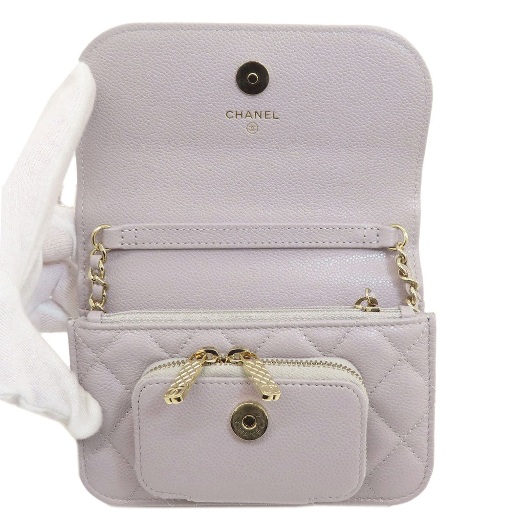 CHANEL Long Wallet Purse Caviar skin gray Chain Wallet Matelasse Gold Metal Women Used Authentic