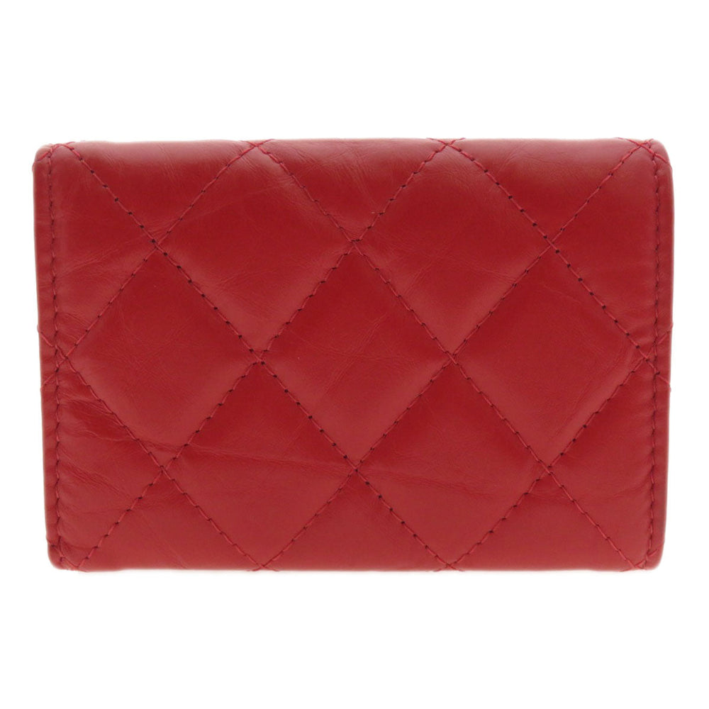 CHANEL Bifold Wallet Calfskin Red Tri-fold compact wallet Matelasse Women Used Authentic