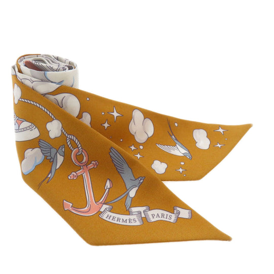 HERMES scarf silk Brown Twilly Women Used Authentic