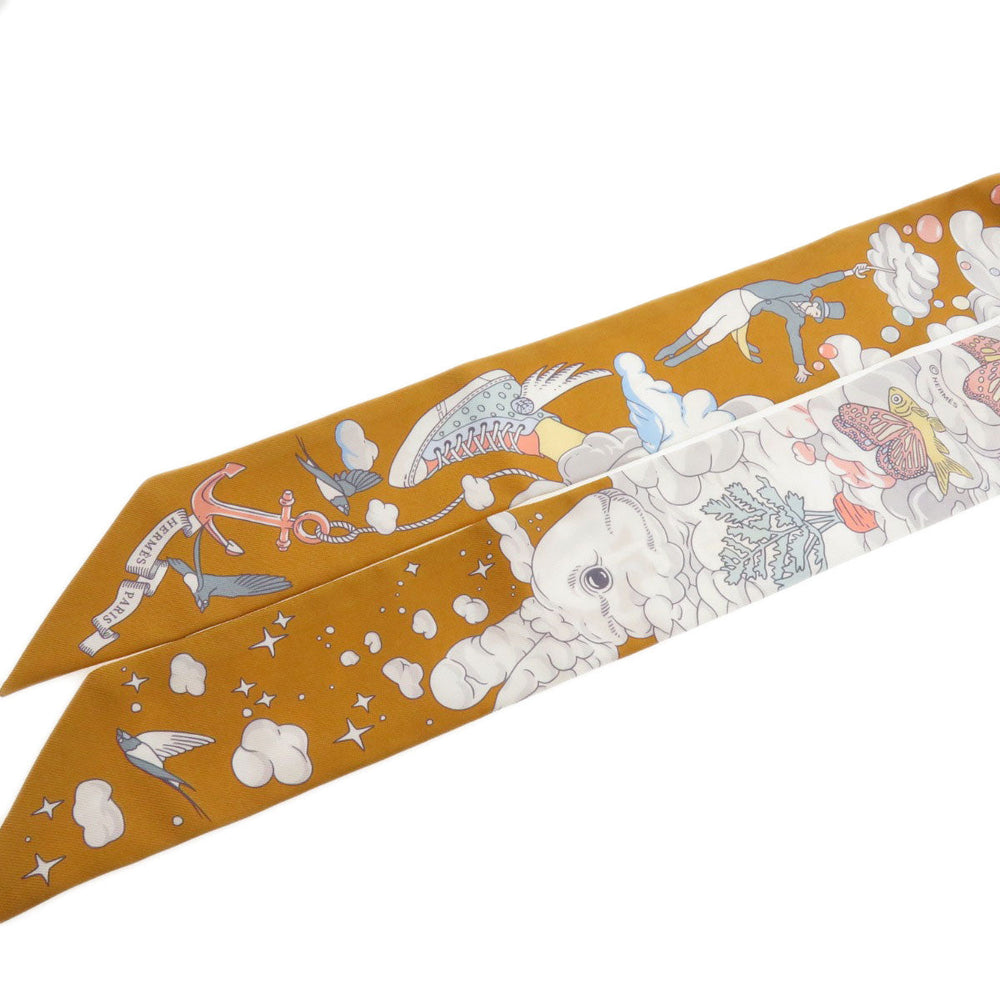 HERMES scarf silk Brown Twilly Women Used Authentic