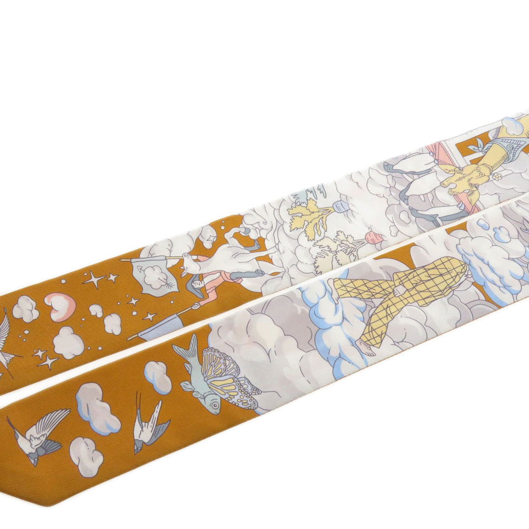 HERMES scarf silk Brown Twilly Women Used Authentic