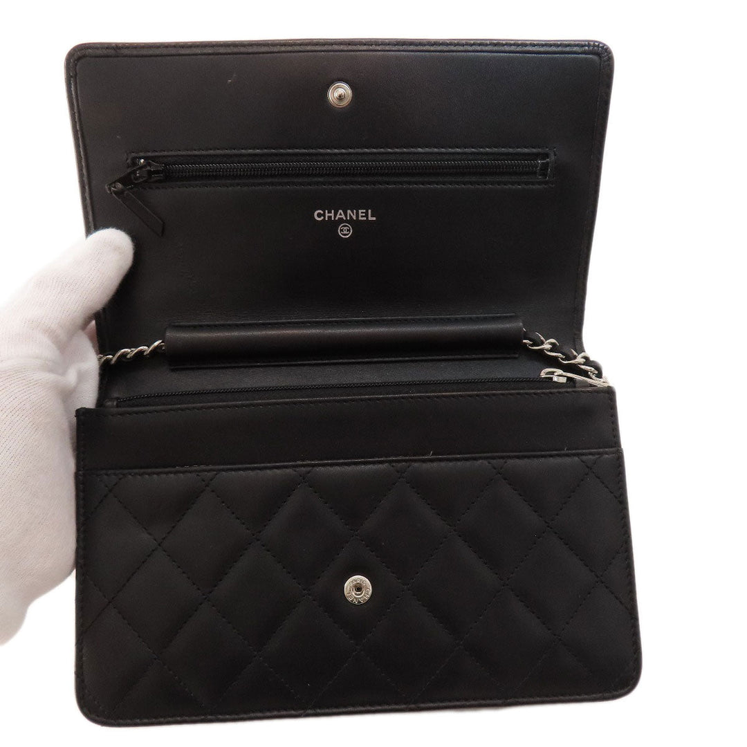 CHANEL Long Wallet Purse Calfskin black Chain Wallet Cambon Line SilverMetal