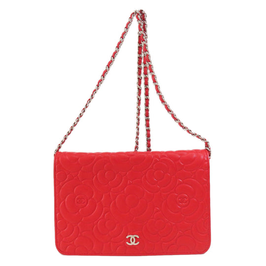 CHANEL Long Wallet Purse leather Red Chain Wallet Camellia COCO Mark SilverMetal