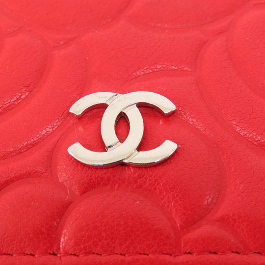 CHANEL Long Wallet Purse leather Red Chain Wallet Camellia COCO Mark SilverMetal