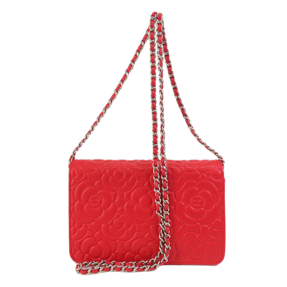 CHANEL Long Wallet Purse leather Red Chain Wallet Camellia COCO Mark SilverMetal