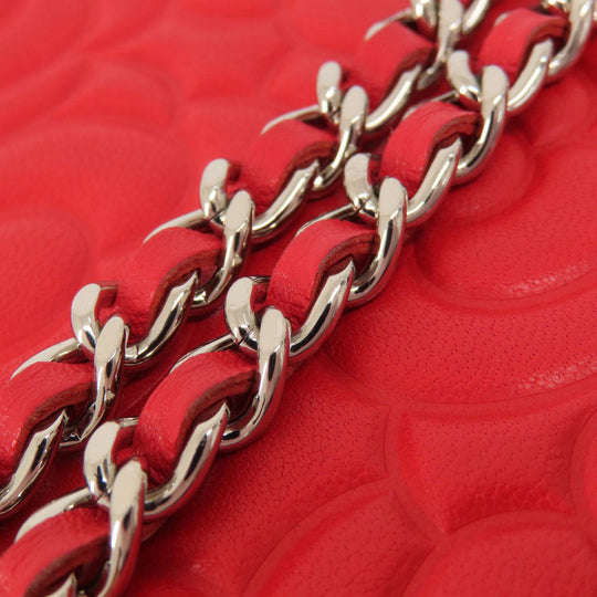 CHANEL Long Wallet Purse leather Red Chain Wallet Camellia COCO Mark SilverMetal