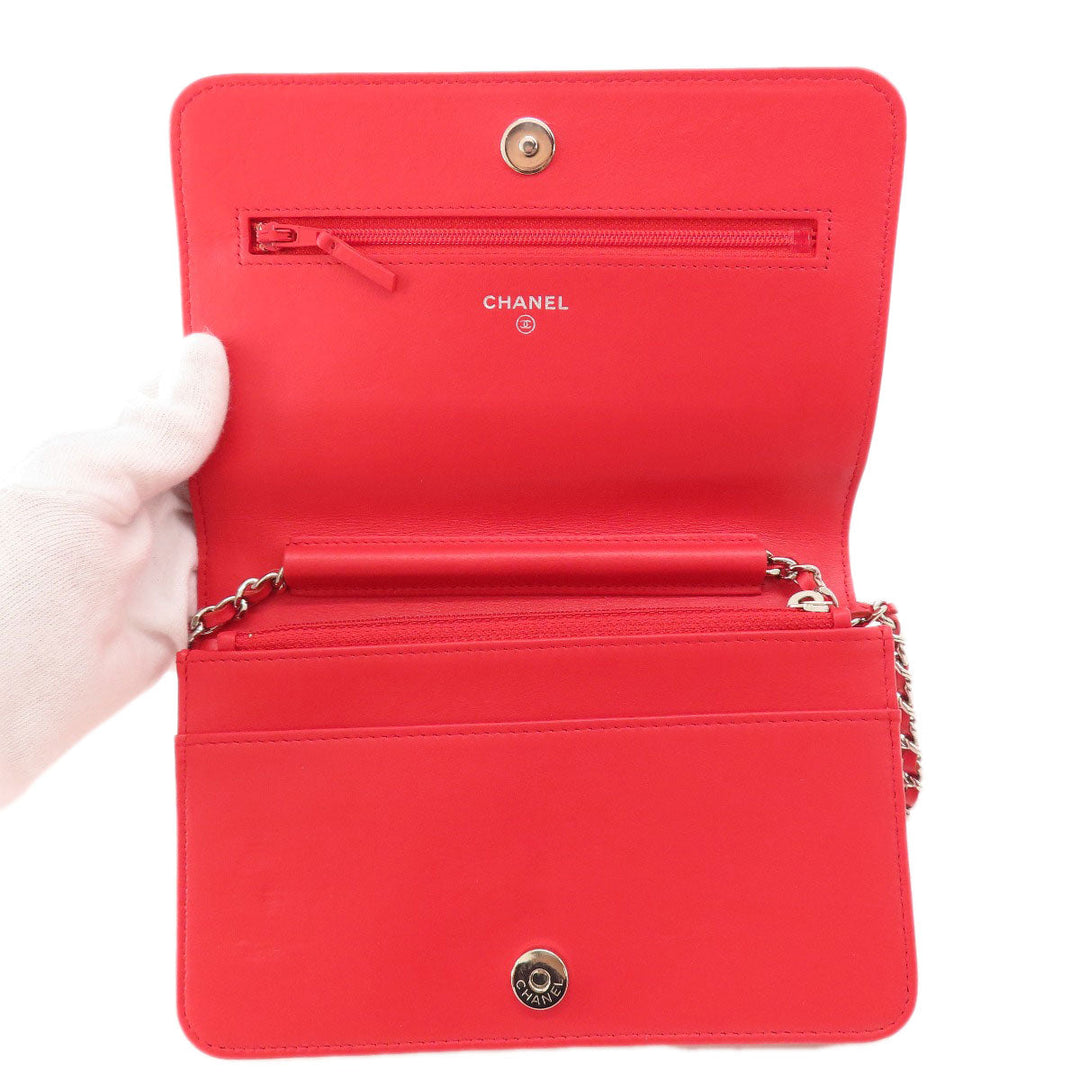 CHANEL Long Wallet Purse leather Red Chain Wallet Camellia COCO Mark SilverMetal