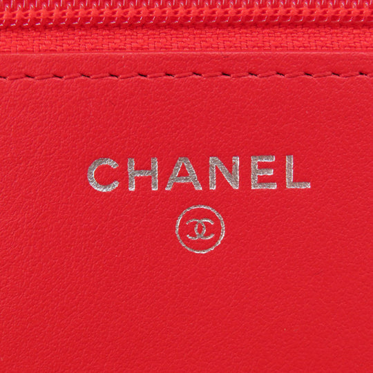 CHANEL Long Wallet Purse leather Red Chain Wallet Camellia COCO Mark SilverMetal