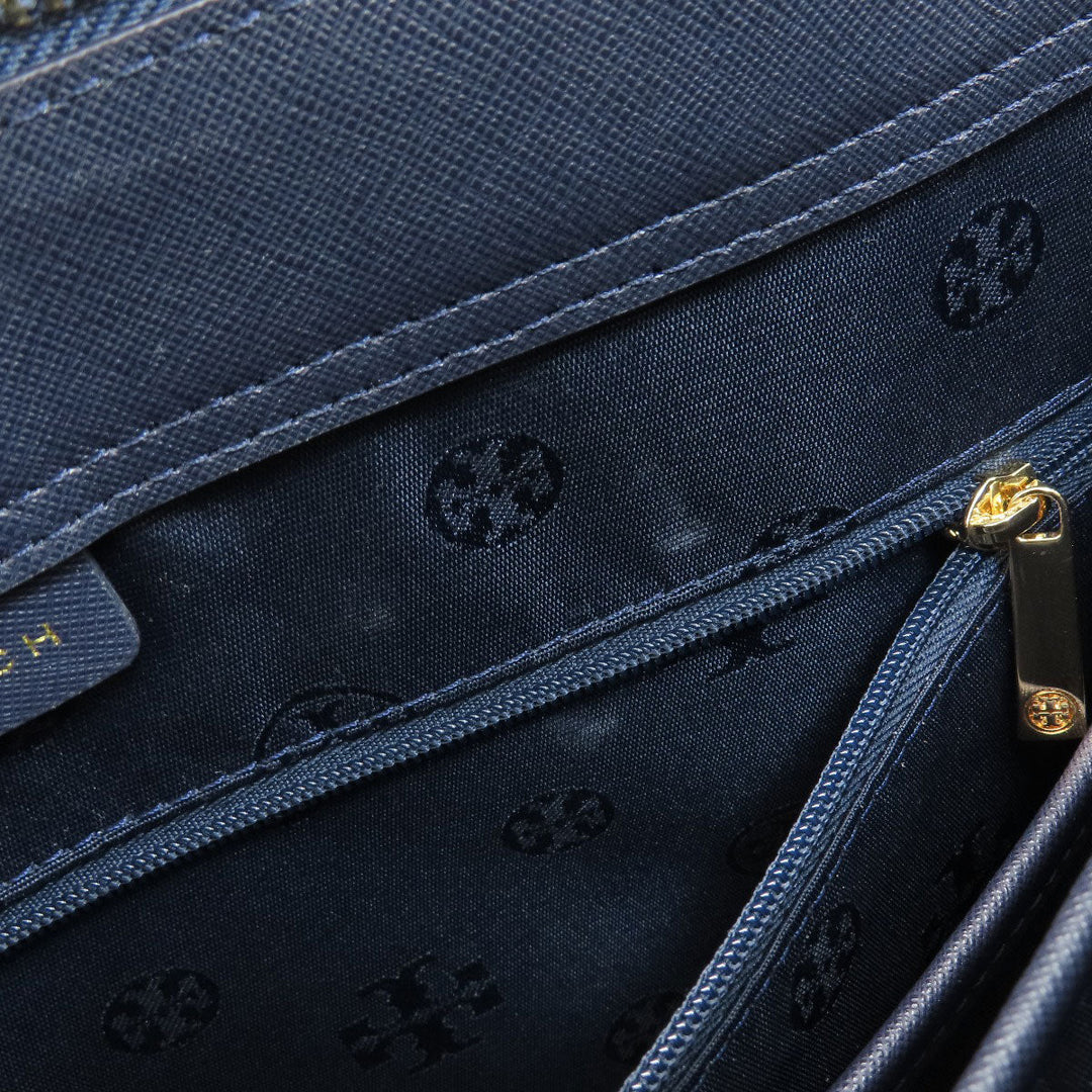 Tory Burch Tote Bag leather Navy logo Women Used Authentic
