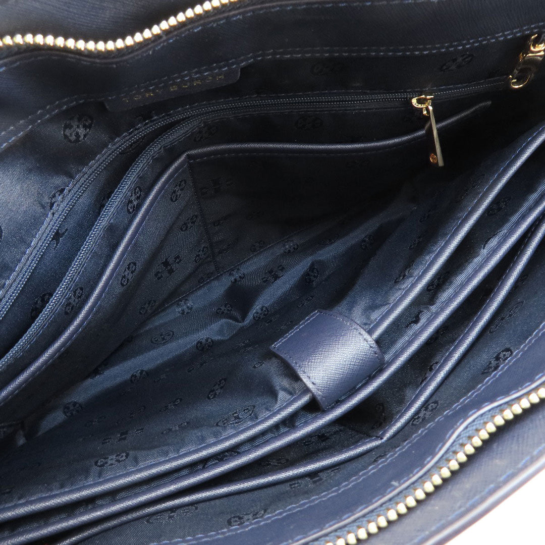 Tory Burch Tote Bag leather Navy logo Women Used Authentic