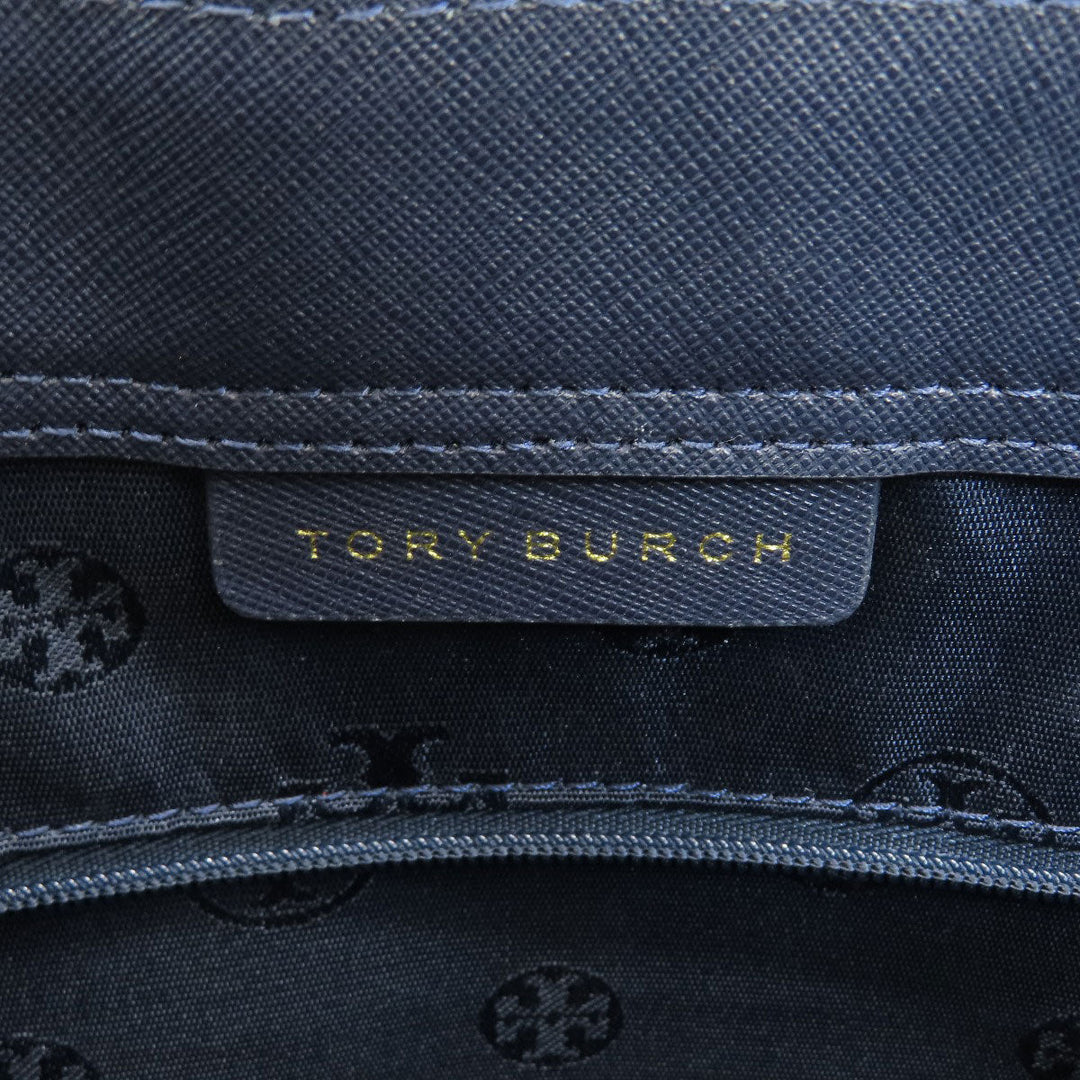 Tory Burch Tote Bag leather Navy logo Women Used Authentic