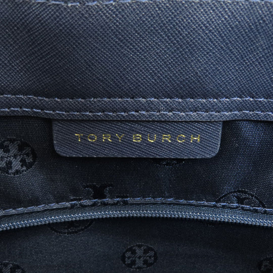 Tory Burch Tote Bag leather Navy logo Women Used Authentic