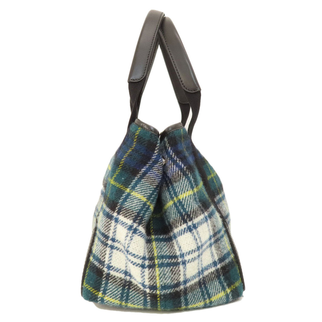 BALENCIAGA Handbag 339933 wool green Navy Cabas Check Pattern Women Used Authentic