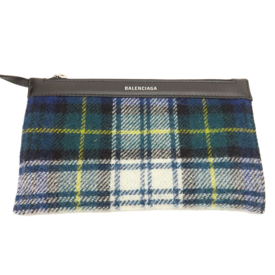 BALENCIAGA Handbag 339933 wool green Navy Cabas Check Pattern Women Used Authentic
